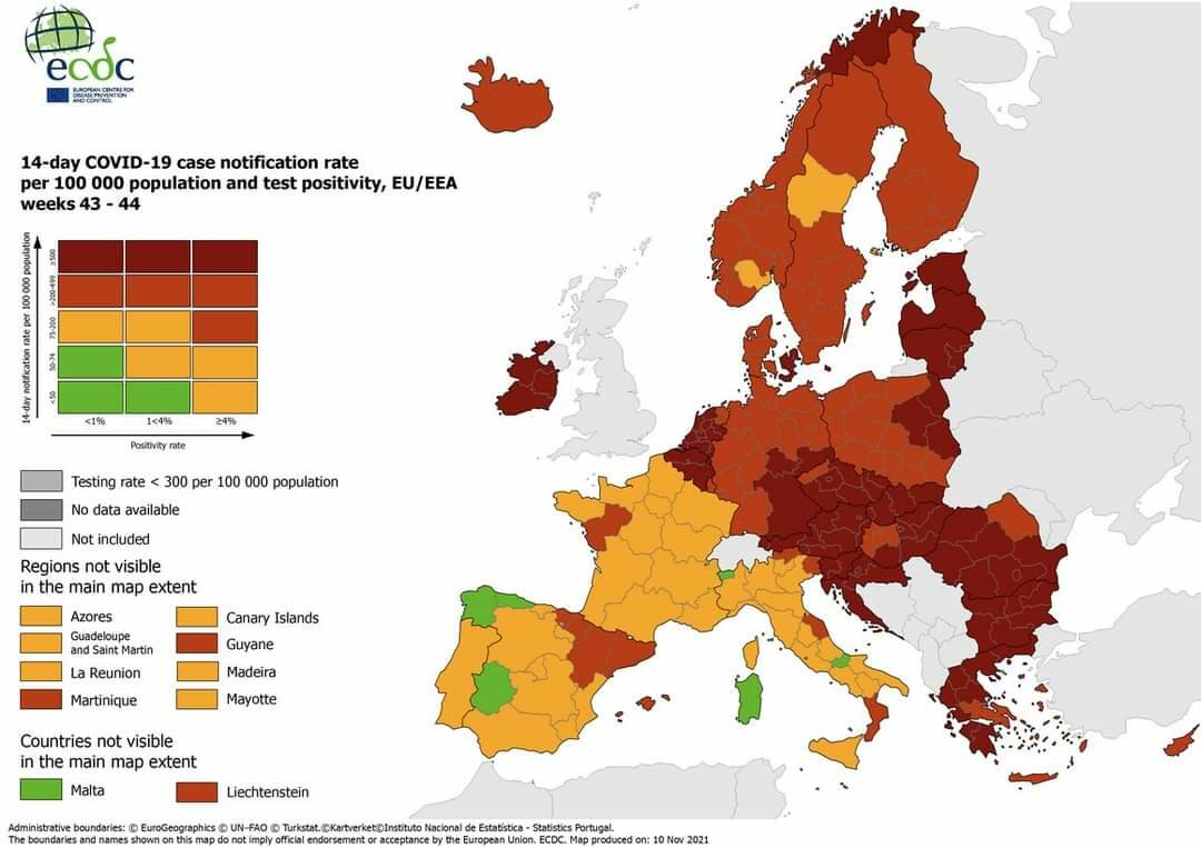 mappa ecdc europa regioni contagio 11 novembre