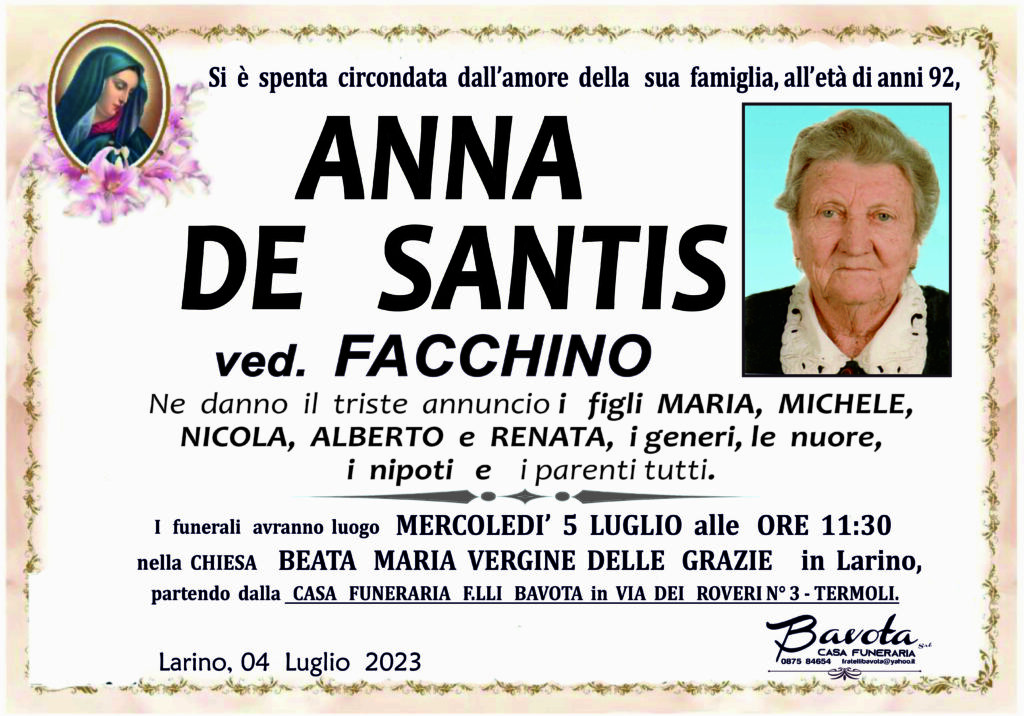 ANNUNCIO : ANNA DE SANTIS VED. FACCHINO - Primonumero